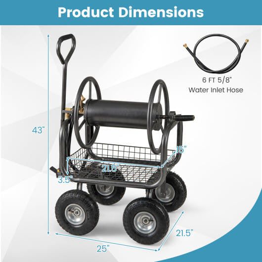 Garden Hose Reel Cart 300 Feet Large Capacity with 4 Wheels and Storage Basket-Gray